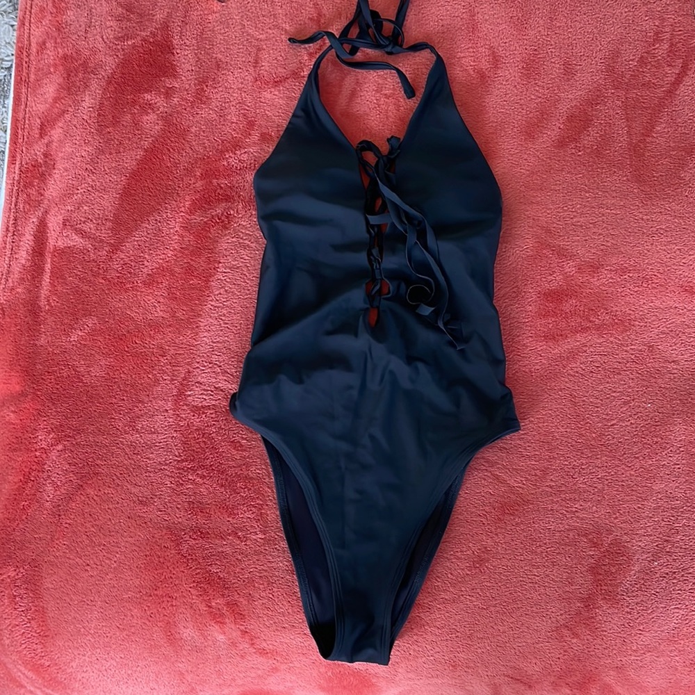 Aerie One Piece Black Lace Up Lattice Swimsuit size S